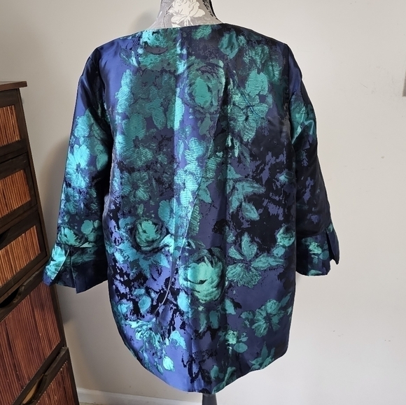Dennis by Dennis Basso Shiny Green & Navy Floral Blazer 3/4 Sleeve 16 - Picture 3 of 12